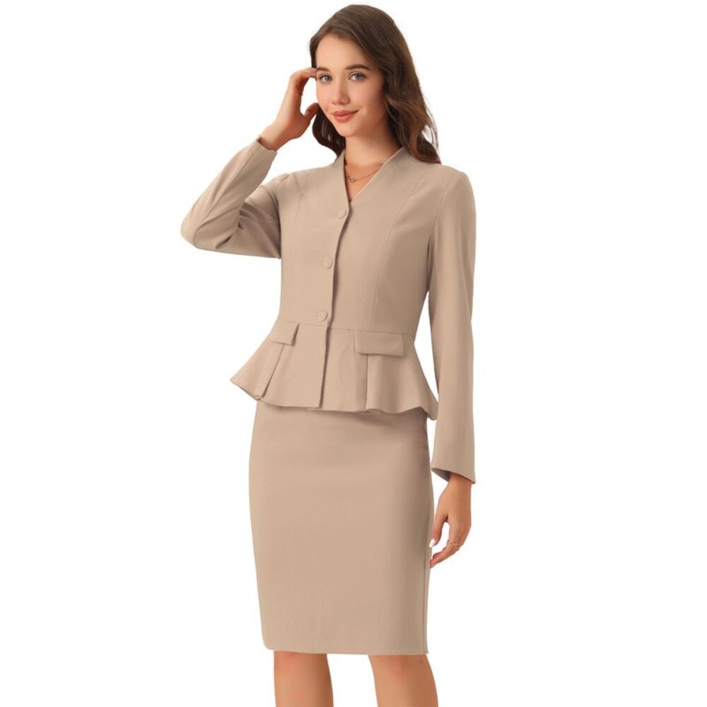 Business Suit Set 2Piece Collarless Peplum Blazer Pencil Skirt Khaki